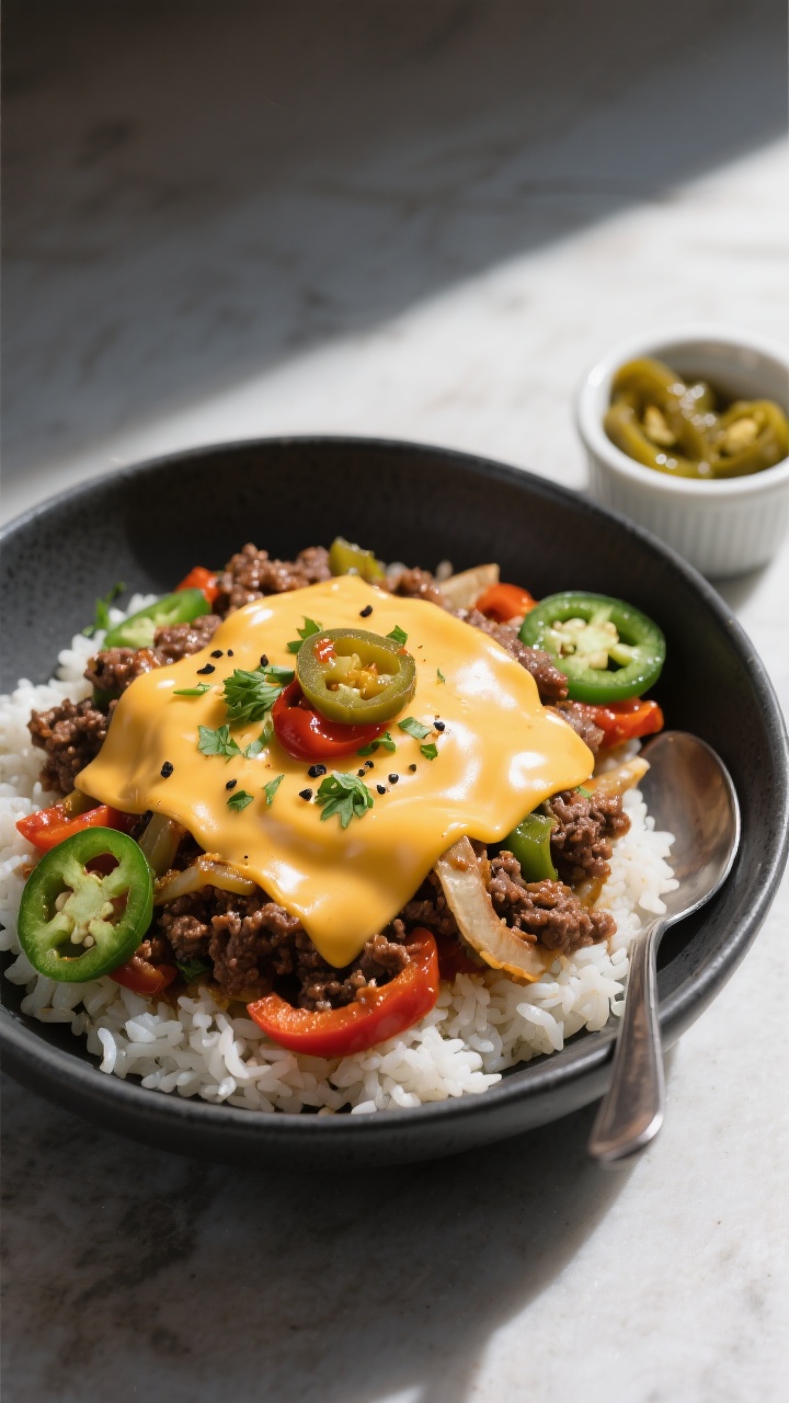 Final dish overhead: Ground Beef Philly Cheesesteak Bowl served over a base of fluffy white rice in 