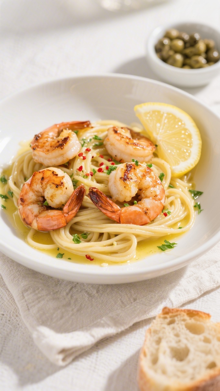 Final dish overhead: Lemon-butter garlic shrimp plated over al dente linguine, glossy sauce pooling 