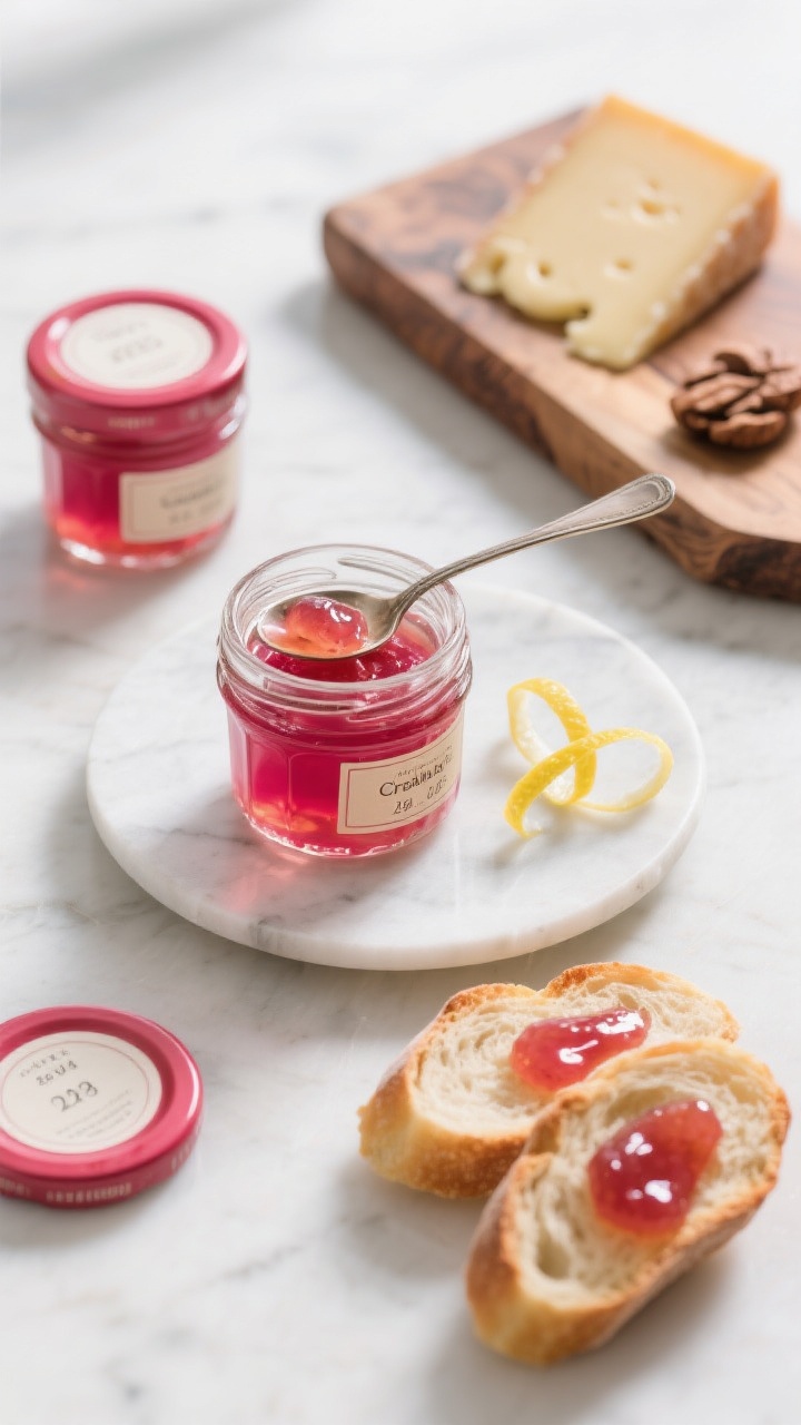 Final dish – Overhead shot of clear, jewel-bright crab apple jelly set in small sterilized glass j