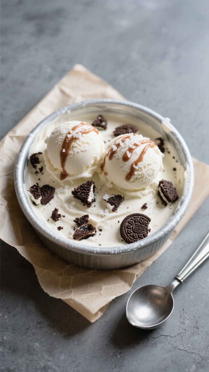 Final dish — overhead shot of freshly churned and ripened cookies-and-cream ice cream scooped into