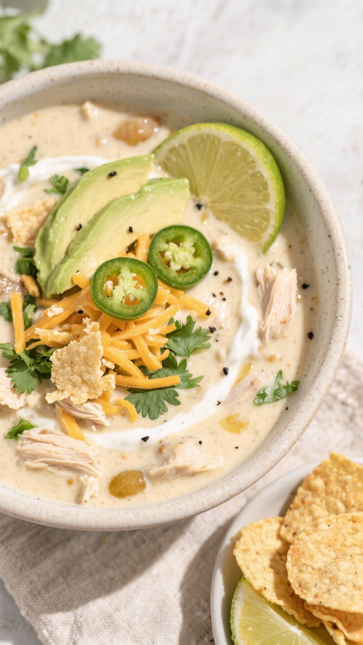 Final dish overhead: Tasty top-down shot of a generously filled bowl of creamy White Chicken Chili t