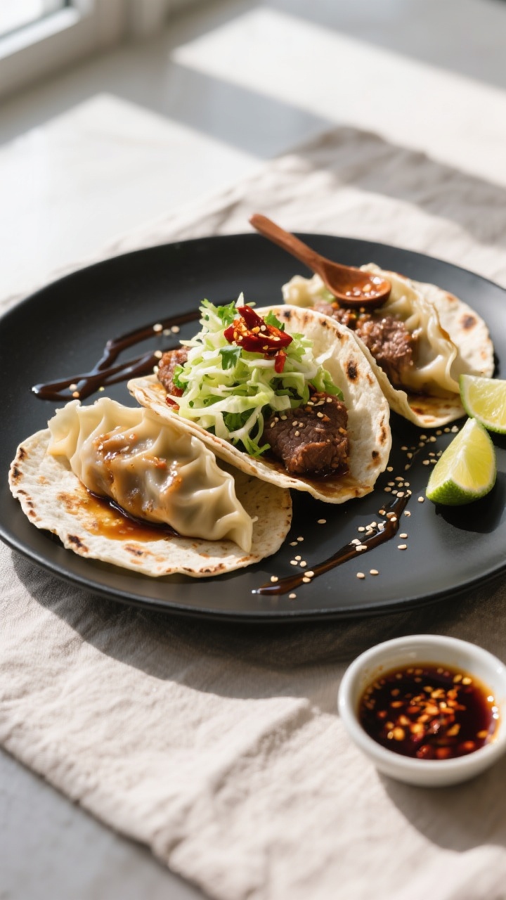 Final dish overhead: Top-down shot of three smash dumpling tacos on a matte black platter, meat pres
