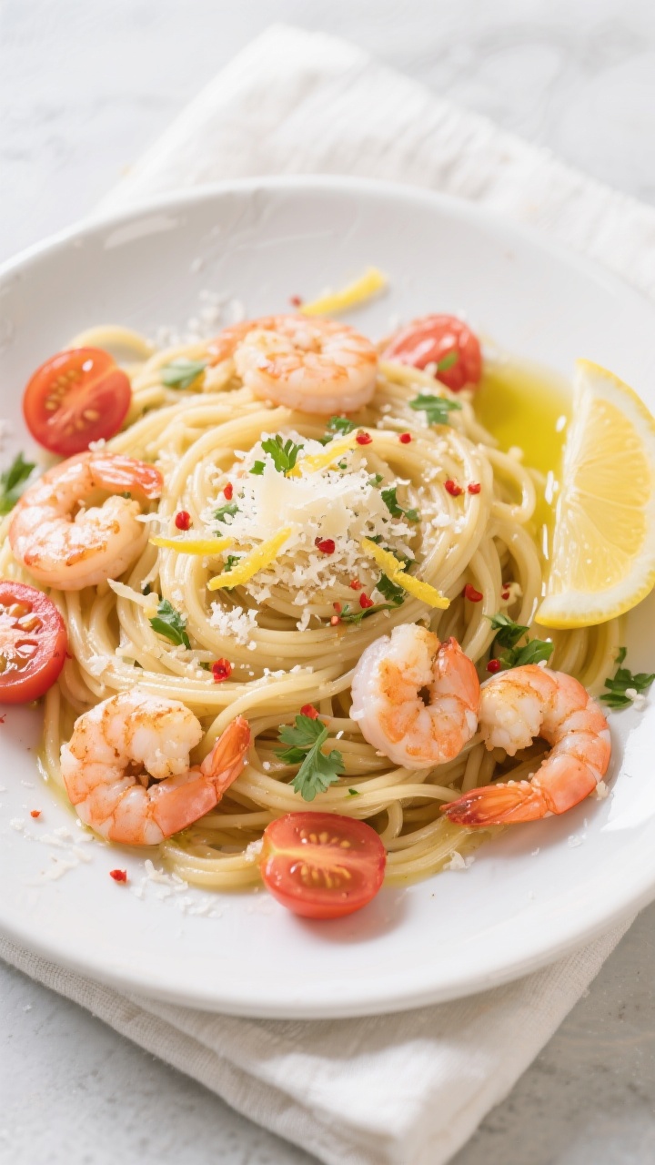 Final dish, tasty top view: Overhead shot of 15-Minute Lemon-Garlic Shrimp Pasta on a wide white cer