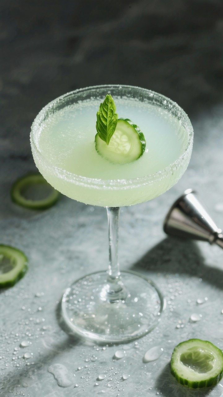 Final dish, tasty top view: Overhead shot of a finished cucumber martini in a frosty coupe, crystal-