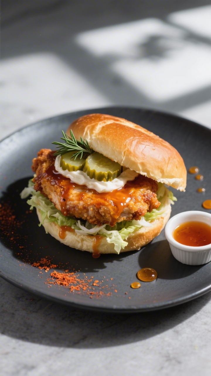 Final dish, tasty top view: Overhead shot of a fully assembled Hot Honey Chicken Sandwich on a matte