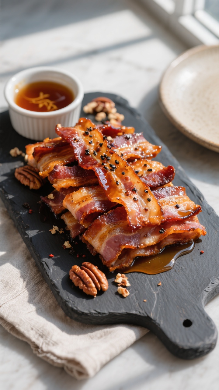 Final dish, tasty top view: Overhead shot of a neatly stacked platter of million dollar bacon strips