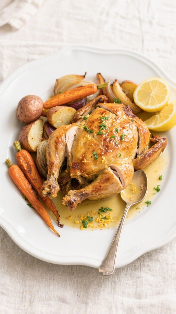 Final dish, tasty top view: Overhead shot of a perfectly roasted whole chicken carved into glistenin