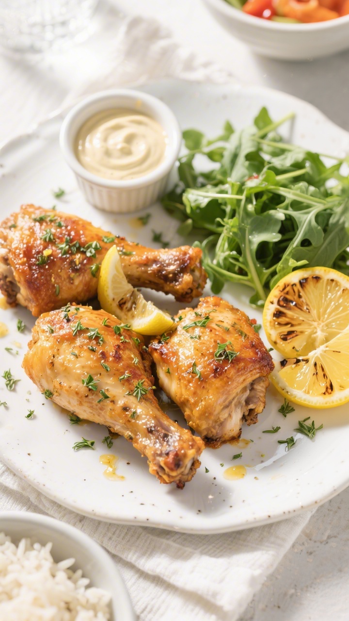 Final dish, tasty top view: Overhead shot of air-fried bone-in thighs finished Lemon Herb style on a
