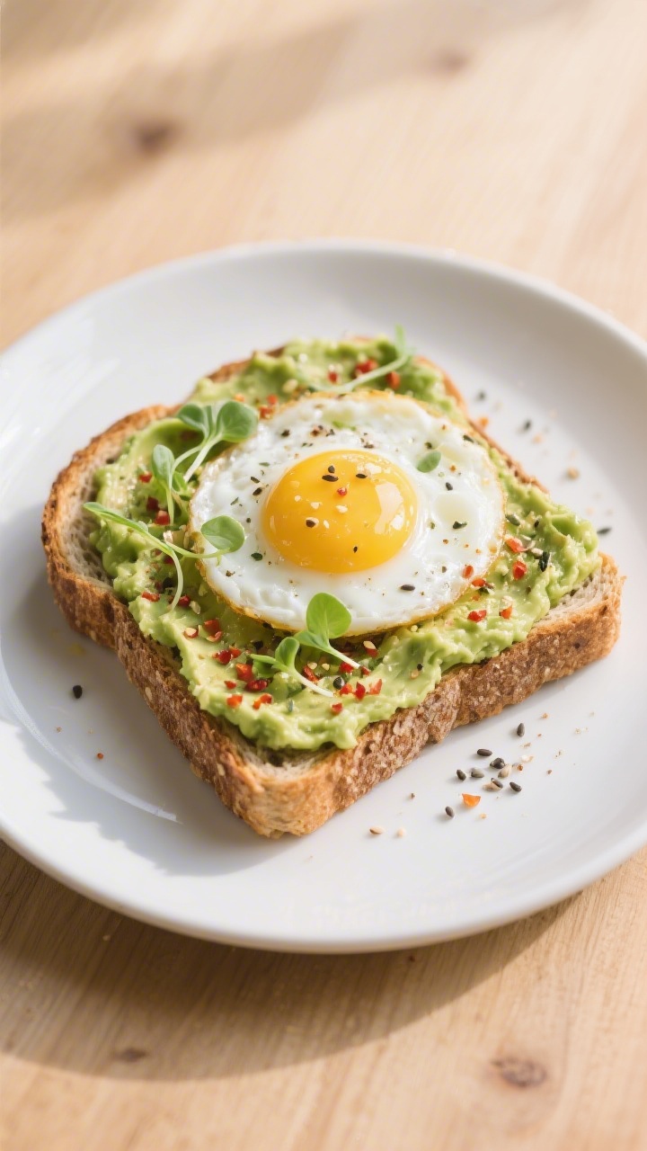 Final dish, tasty top view: Overhead shot of Avocado Toast with a Twist on thick whole-grain toast, 