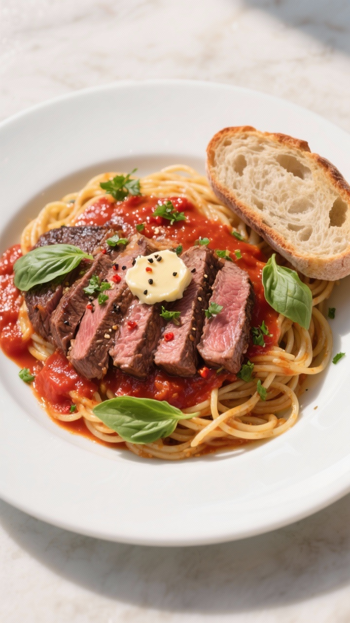 Final dish, tasty top view: Overhead shot of classic steak pizzaiola sliced against the grain, fanne