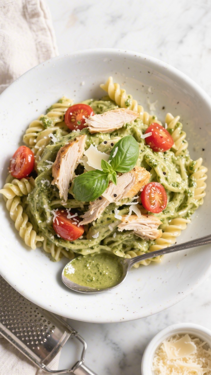 Final dish, tasty top view: Overhead shot of creamy pesto chicken pasta twirled into a shallow white