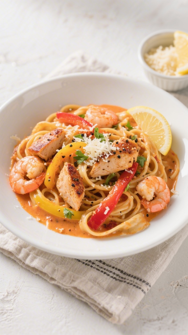 Final dish, tasty top view: Overhead shot of creamy Cajun chicken and shrimp pasta (fettuccine) toss
