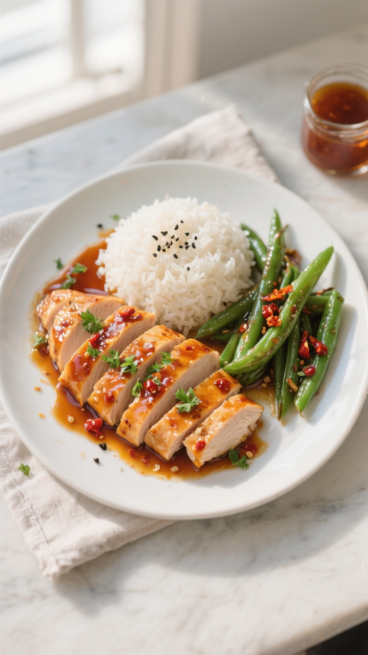 Final dish, tasty top view: Overhead shot of sliced hot honey chicken breast fanned on a matte white