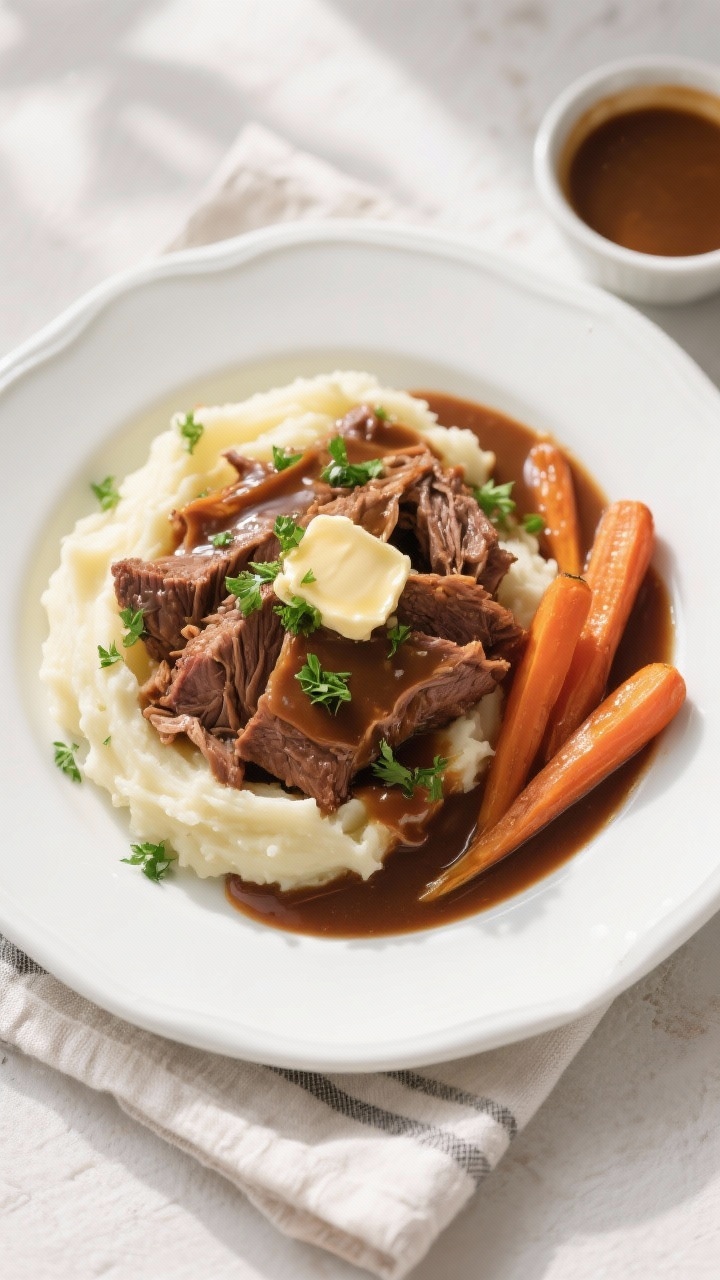 Final dish, tasty top view: Overhead shot of sliced or shredded braised mock chuck nestled over crea