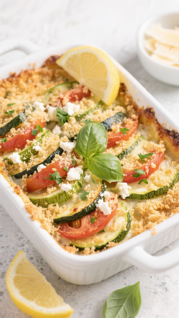 Final dish, tasty top view: Overhead shot of the easy baked zucchini-tomato gratin in a small white