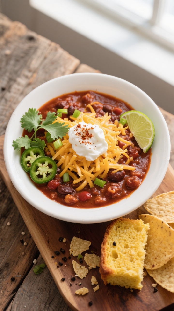 Final dish top view: Overhead shot of a bowl of finished crockpot chili, deeply red-brown and thick,