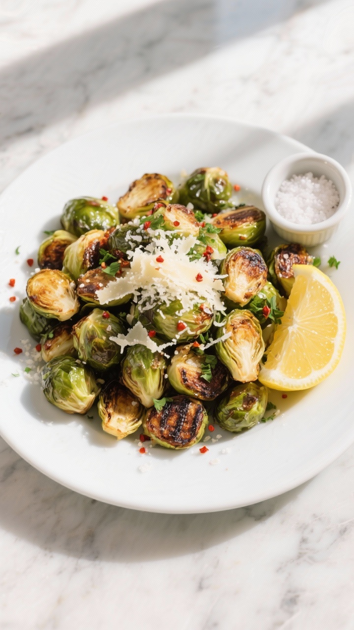 Final dish top view: Overhead shot of a wide, shallow white plate piled with crispy roasted Brussels