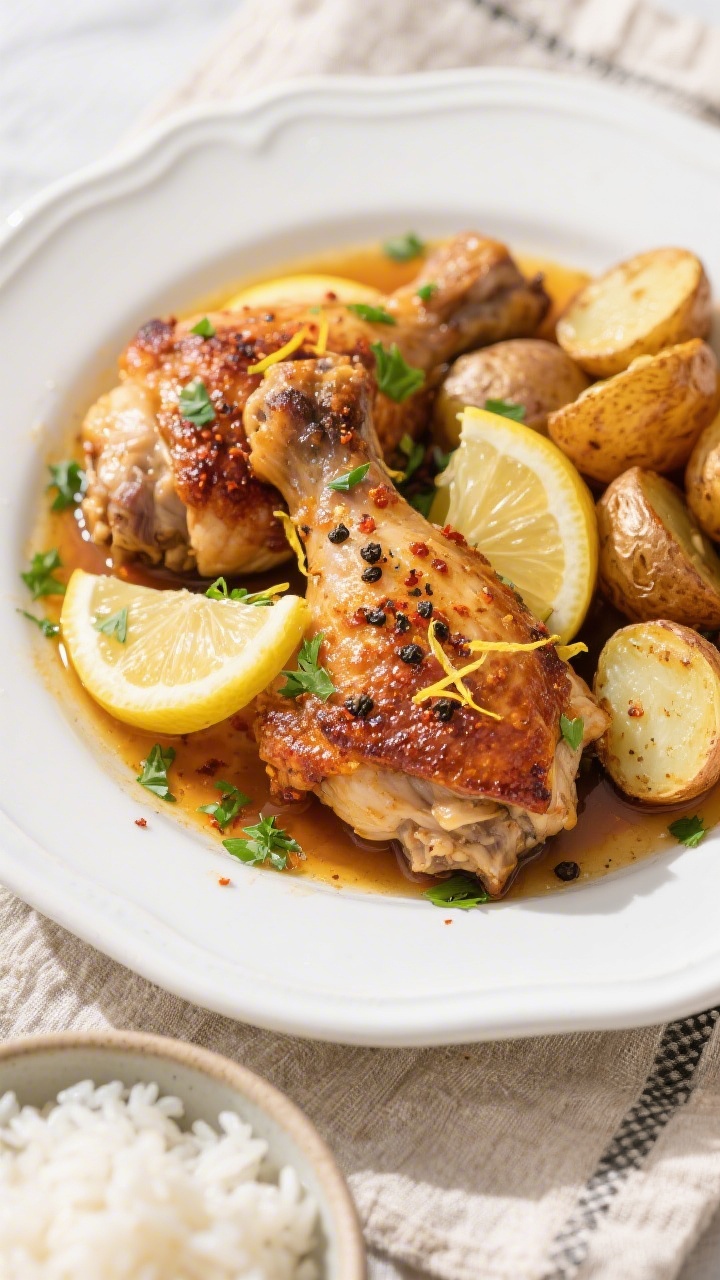 Final dish, top view: Overhead shot of beautifully plated lemon garlic chicken thighs, skin blistere