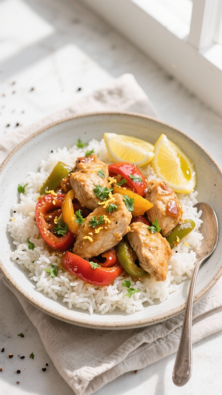 Final dish, top view: Overhead shot of Easy Chicken and Peppers served over fluffy white rice in a w