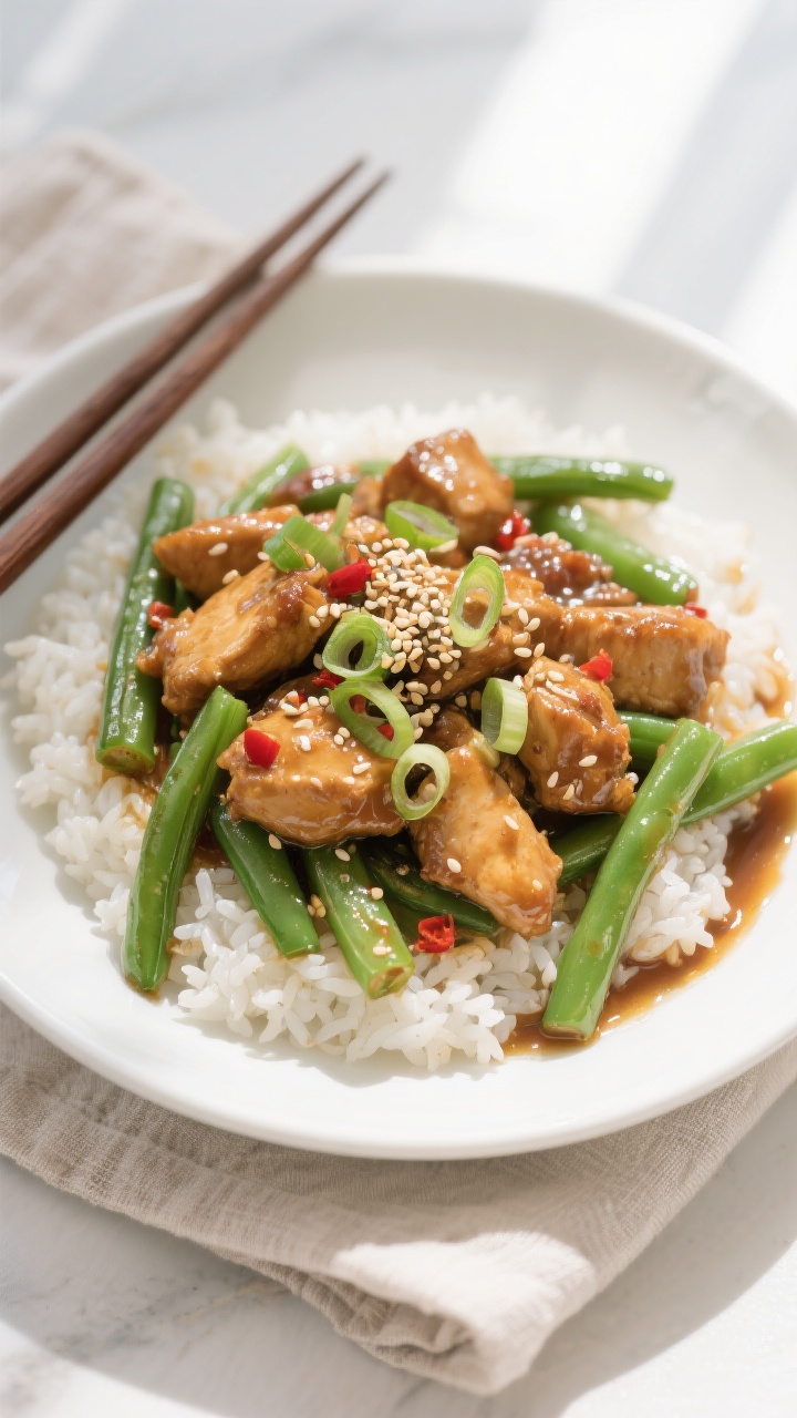 Final dish, top view: Overhead shot of Green Bean Chicken Stir Fry served over fluffy steamed jasmin