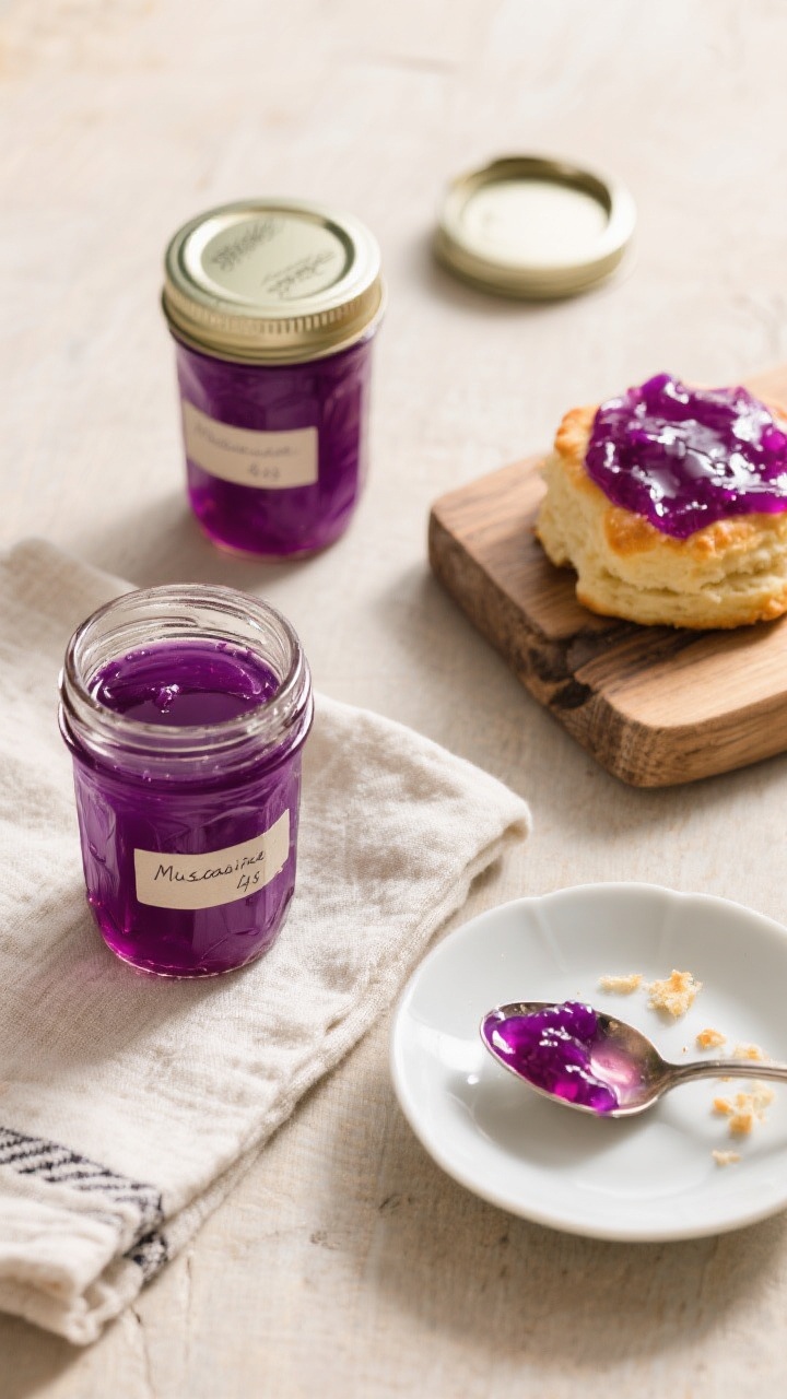 Final dish top view: Overhead shot of jewel-toned muscadine jelly in gleaming half-pint jars with se