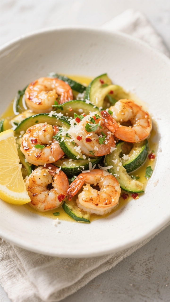 Final plated — 15-Minute Lemon Garlic Shrimp with Zucchini: Overhead shot of a wide, white ceramic