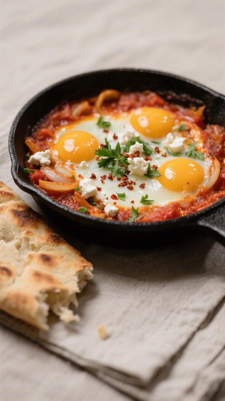 Final plated dish, close-up detail: Eggs-for-Dinner Shakshuka-style served in a black cast-iron skil