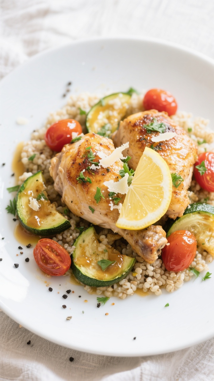 Final plated dish — Lemon Herb Chicken and Zucchini one-pan dinner beautifully plated: golden sear