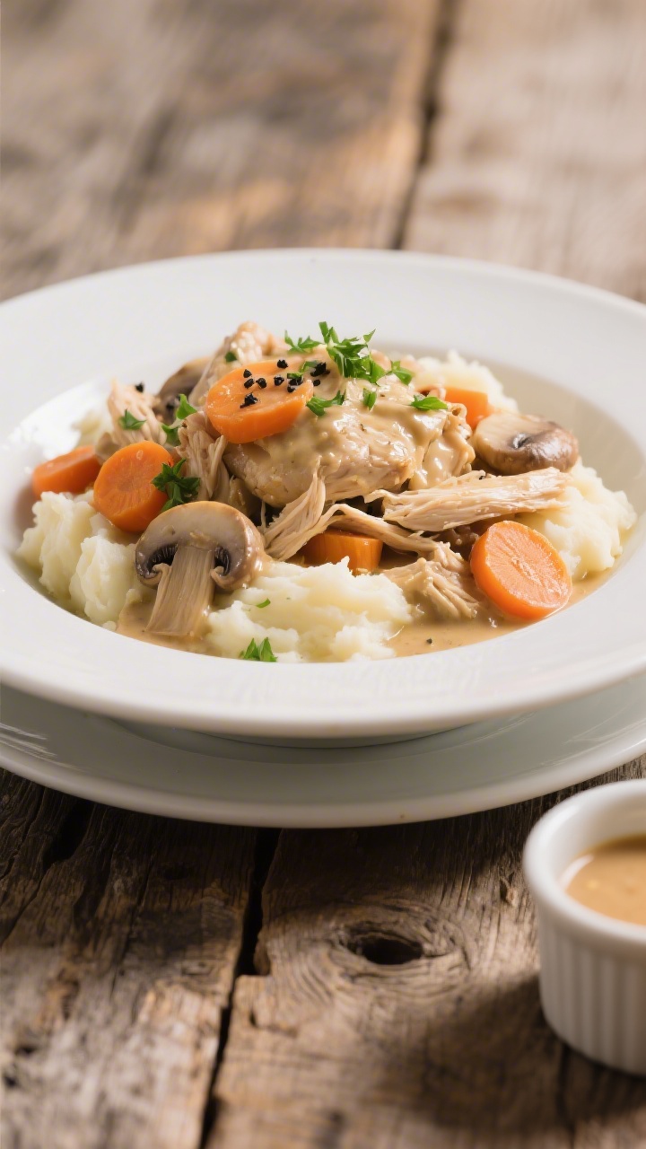 Final plated dish, restaurant-quality presentation: creamy slow-cooker chicken and vegetables genero