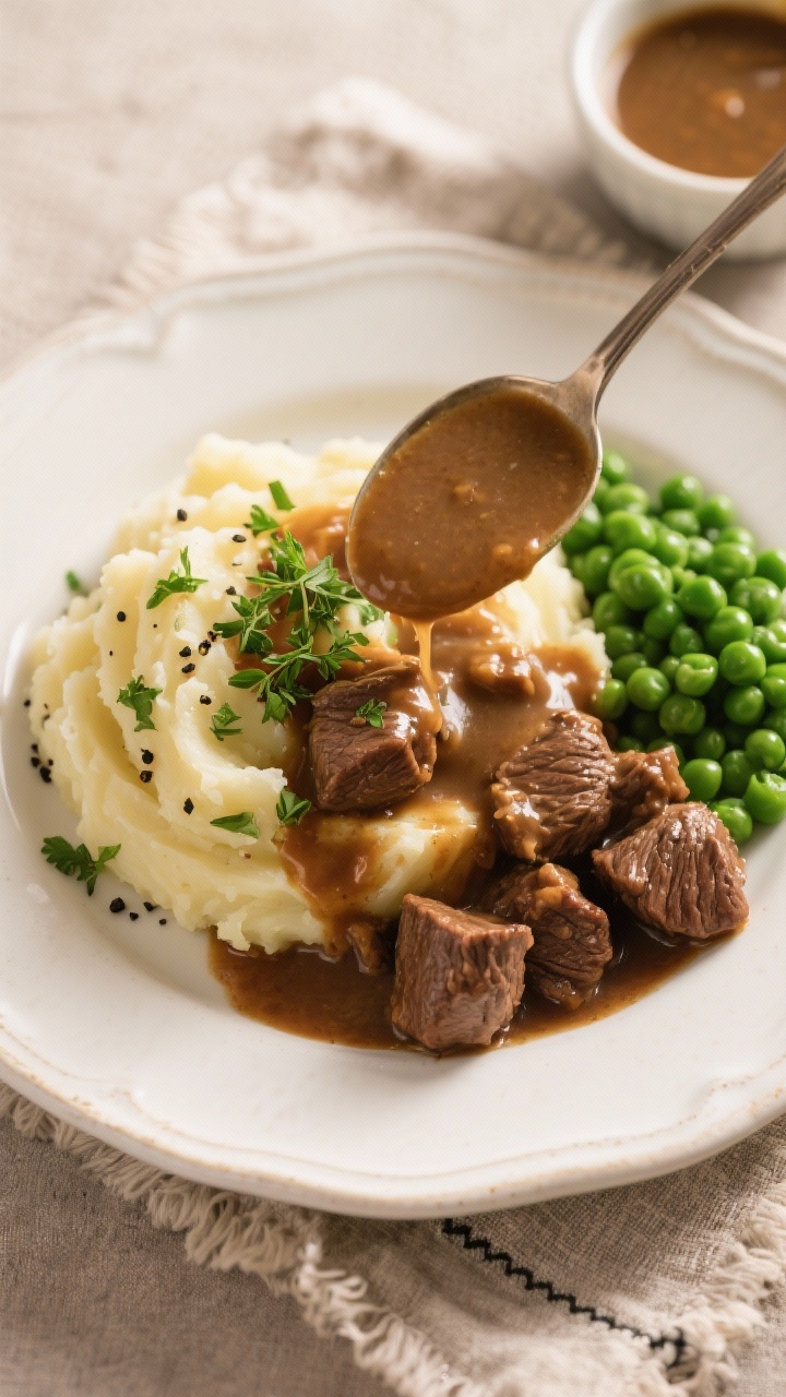 Final plated overhead: Comfort-style plate of beef tips and gravy spooned over buttery mashed potato