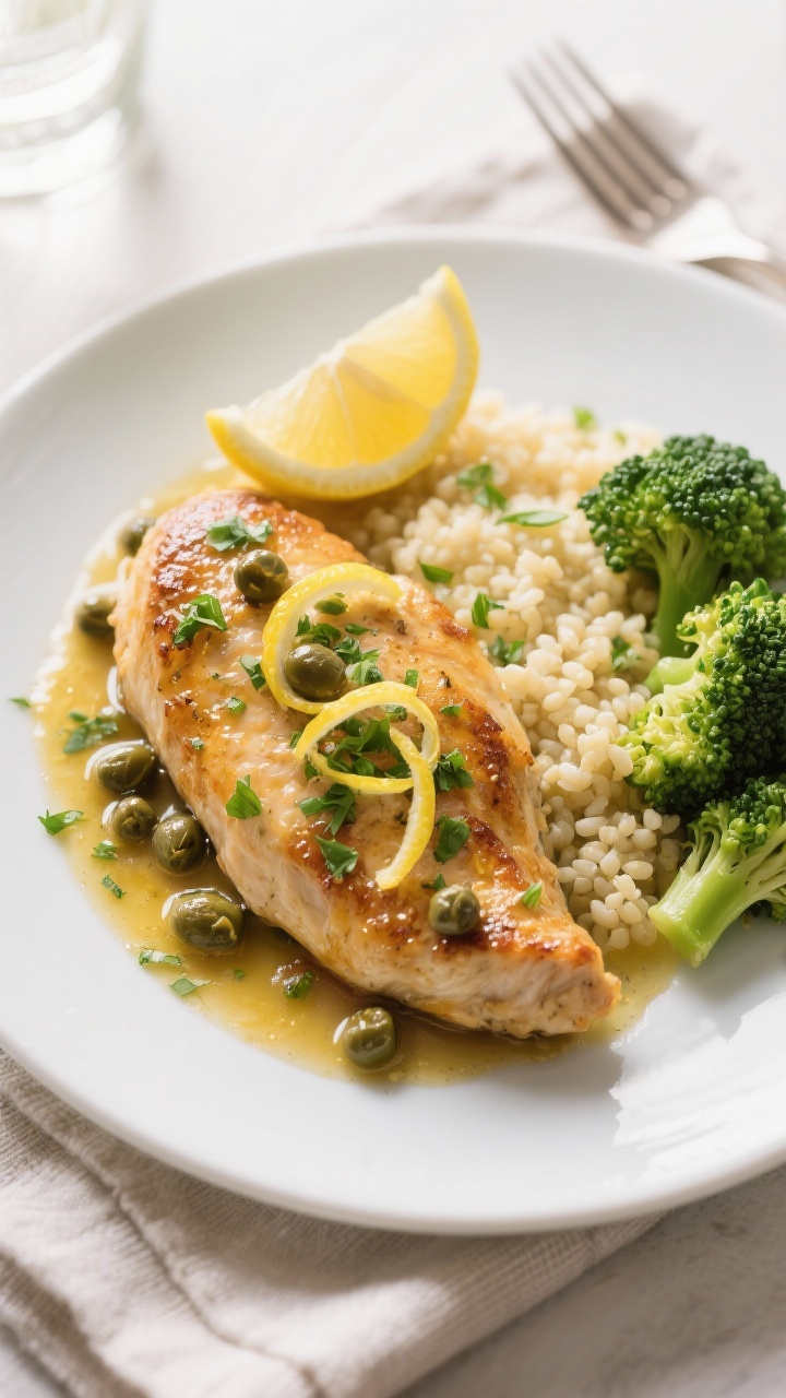 Final plated overhead: Lemon Herb Chicken Cutlets finished in a glossy pan sauce of chicken broth, l