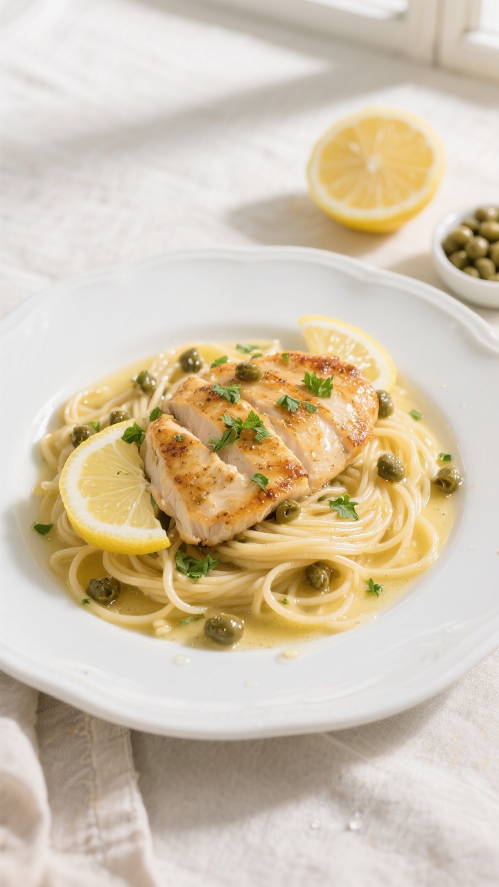 Final plated overhead: Overhead shot of chicken piccata plated over thin spaghetti, cutlets nestled