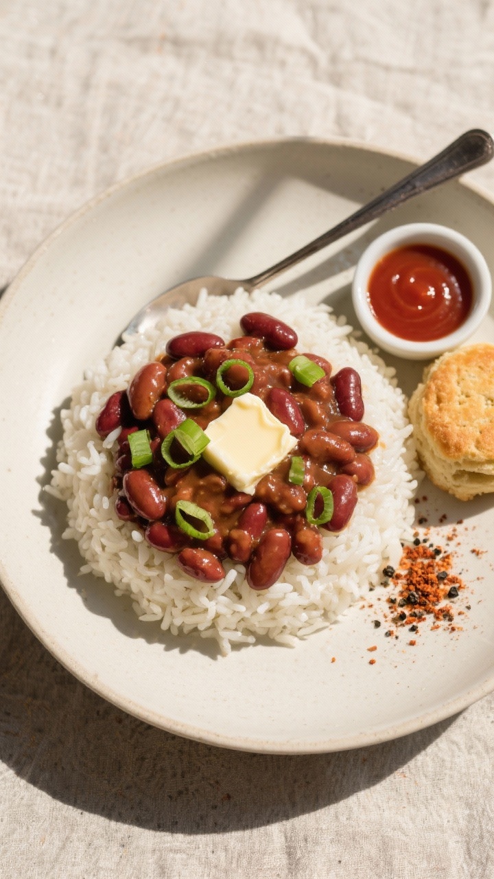 Final plated overhead: Overhead shot of creamy Popeyes-style red beans spooned over a neat mound of 