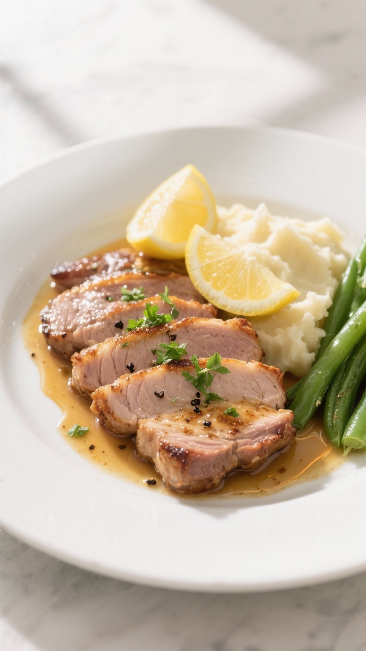 Final plated overhead: Overhead shot of thin sliced pork chops nestled in a glossy pan sauce of chic