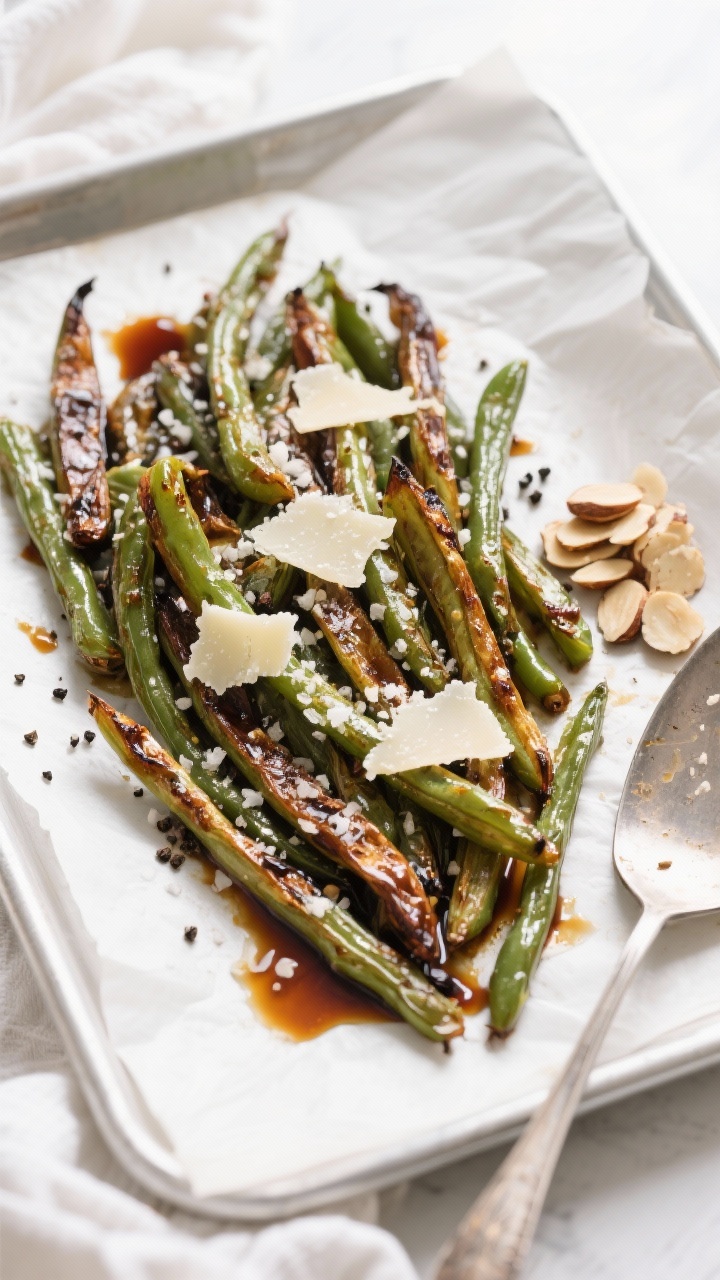 Final plated overhead: Roasted Balsamic Green Beans finished on a parchment-lined sheet pan, showing