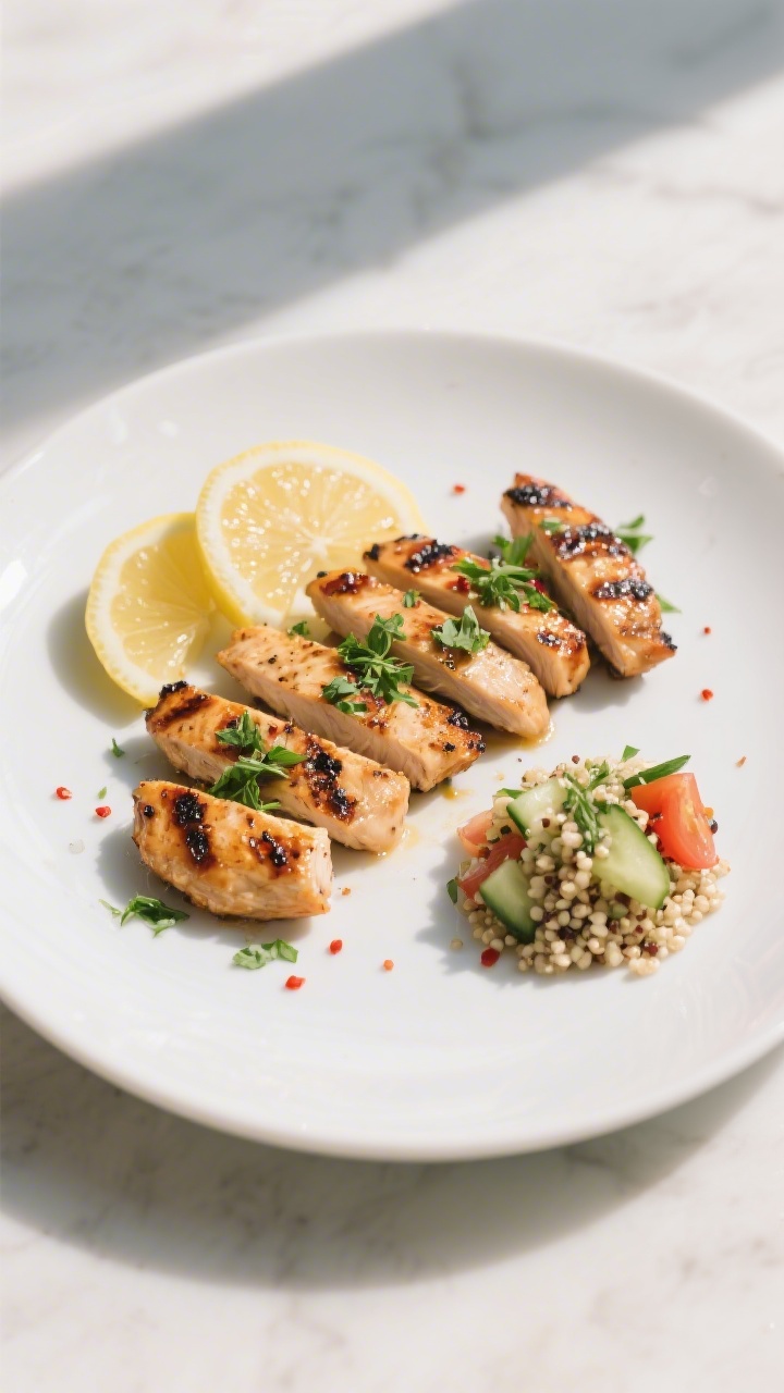 Final plated, overhead shot: Beautifully arranged grilled chicken strips on a matte white plate, gar