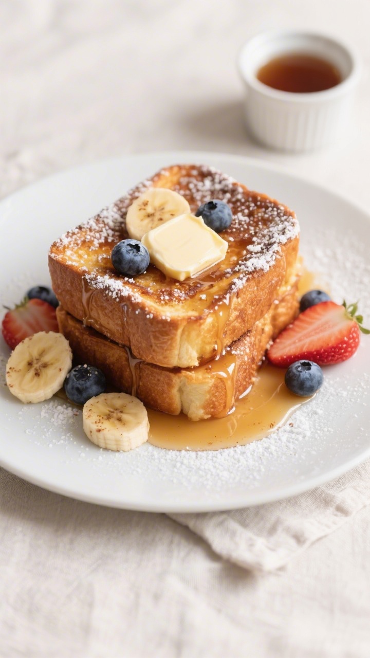Final plated overhead shot: Classic French toast stack of two brioche slices on a matte white plate,