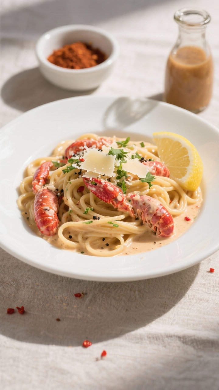 Final plated overhead shot: Creamy crawfish pasta twirled onto a wide white bowl, sauce luxuriously 