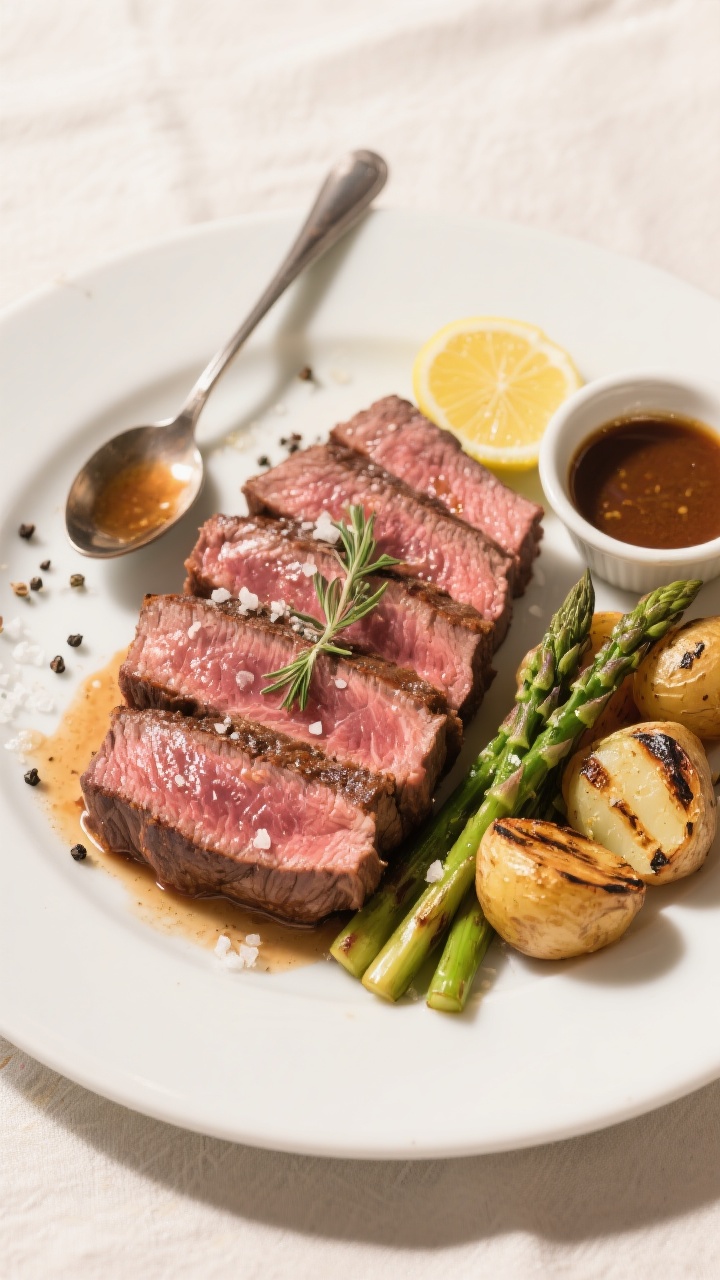 Final plated overhead: Sliced medium-rare sirloin steak (130–135°F) fanned on a warm white plate,