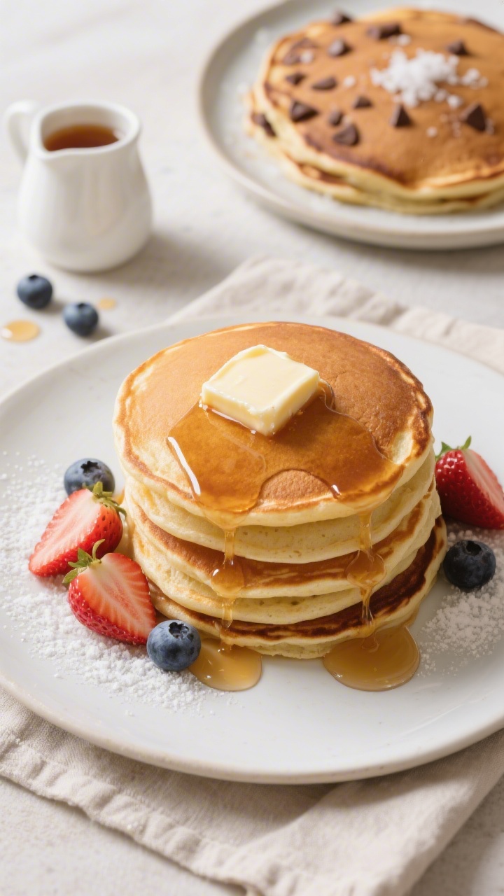 Final plated overhead: Tall stack of fluffy, golden-brown pancakes on a matte white plate, pat of me