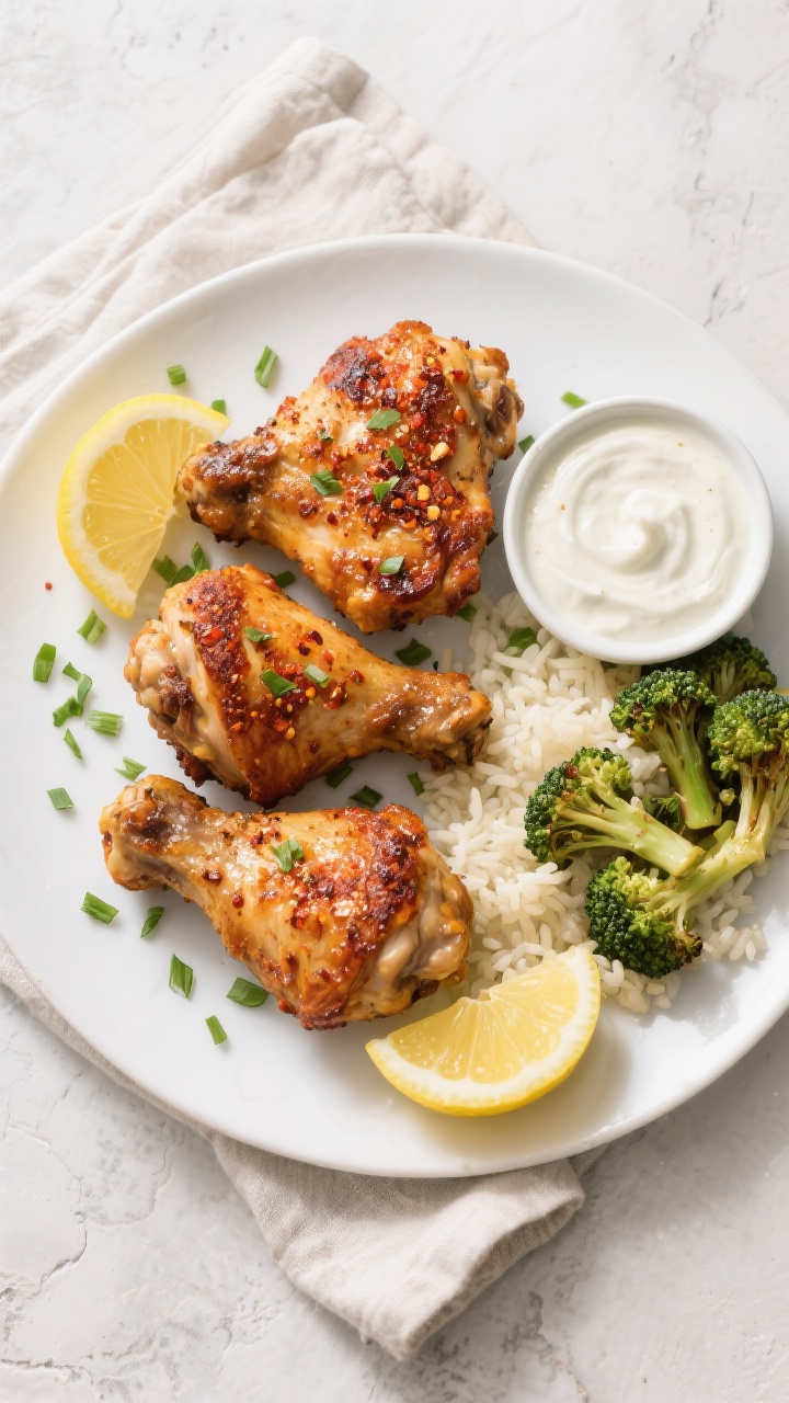 Final plated/overhead: Tasty top-down shot of crispy air fryer chicken thighs (4 pieces) arranged on