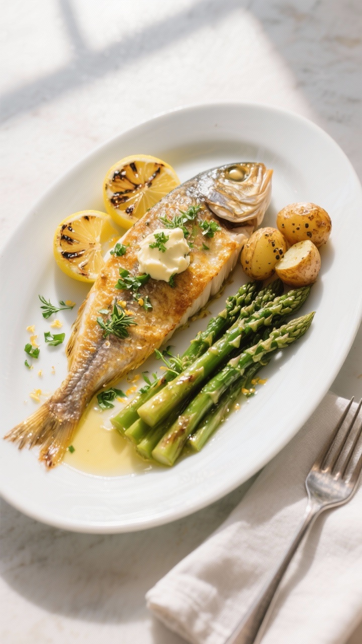 Final plated overhead: Tasty top view of a beautifully plated branzino fillet with crisp golden skin