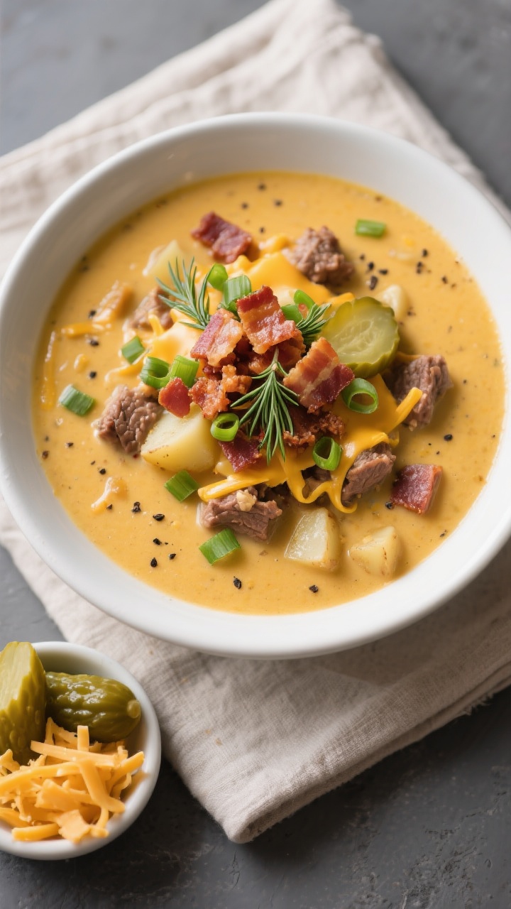 Final plated overhead: Top-down hero shot of a bowl of cheeseburger soup, richly creamy and golden, 