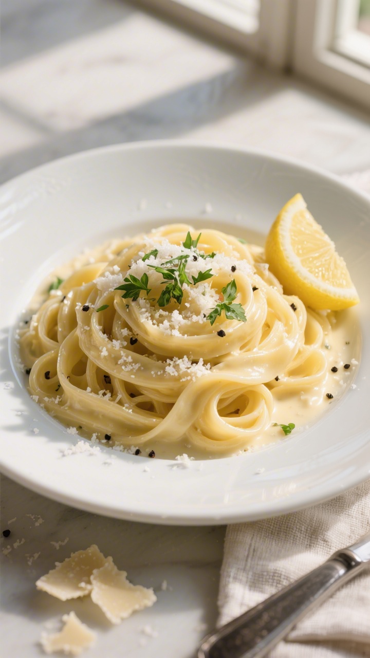 Final plated, tasty top view: Overhead shot of creamy fettuccine Alfredo twirled into neat nests on