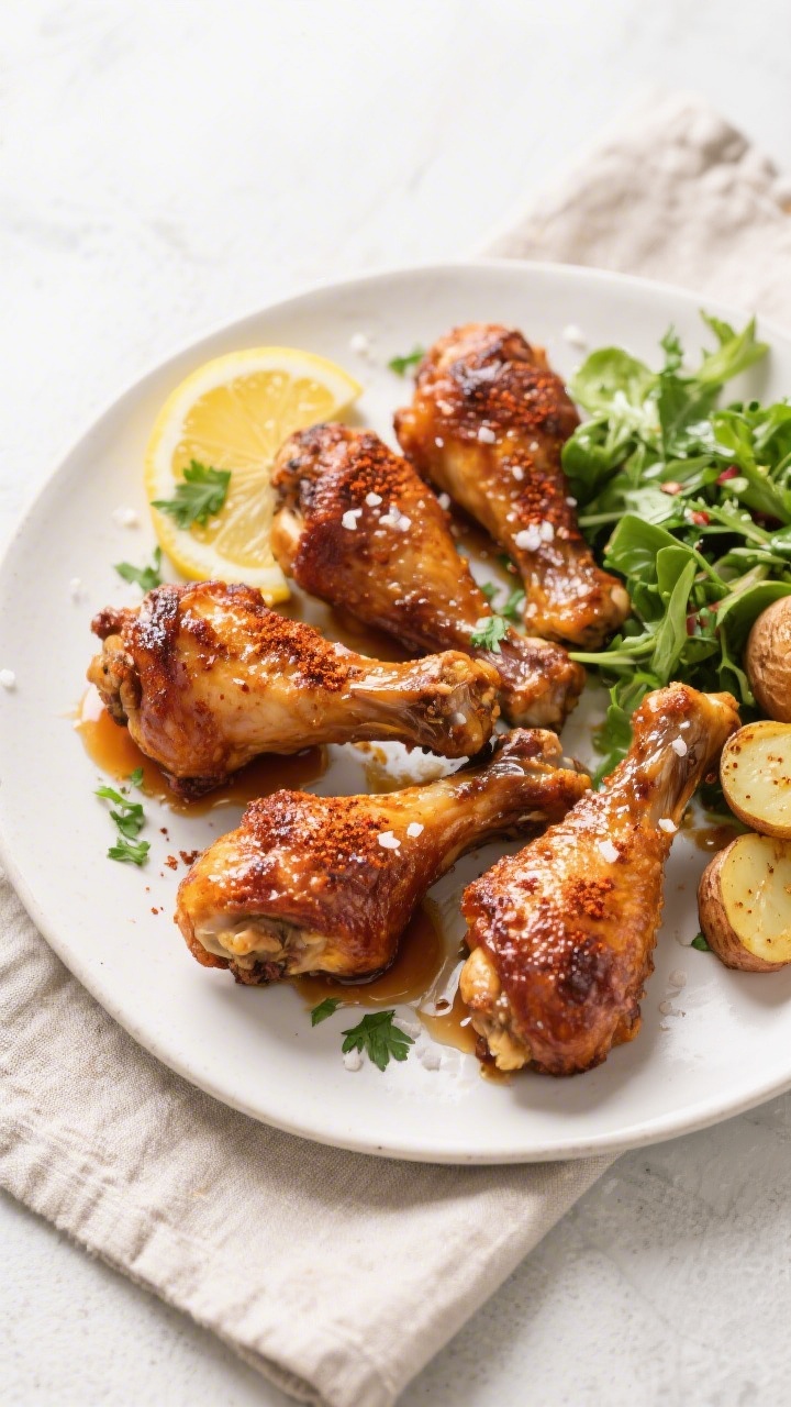 Final plated, tasty top view: Overhead shot of crispy air fryer chicken legs (deep mahogany skin, cr