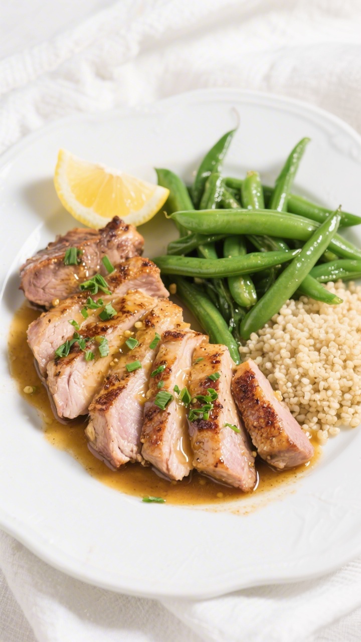 Final plated, tasty top view: Overhead shot of juicy pan-seared pork chops sliced and fanned on a wh