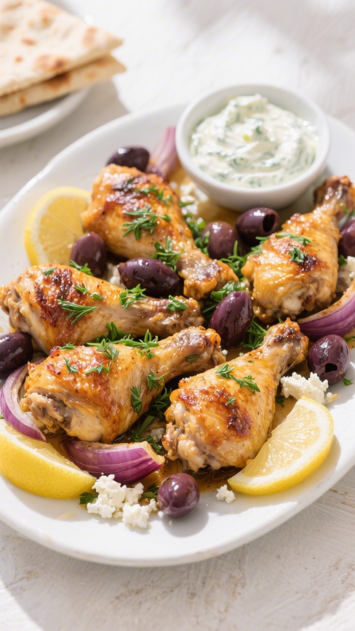Final plated, tasty top view: Overhead shot of oven-roasted Greek chicken thighs arranged on a matte