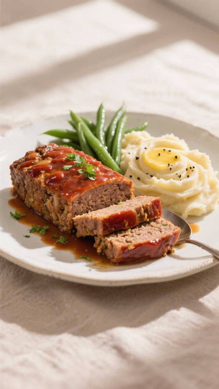 Final plated, tasty top view: Overhead shot of thick, clean slices of onion soup mix meatloaf with a