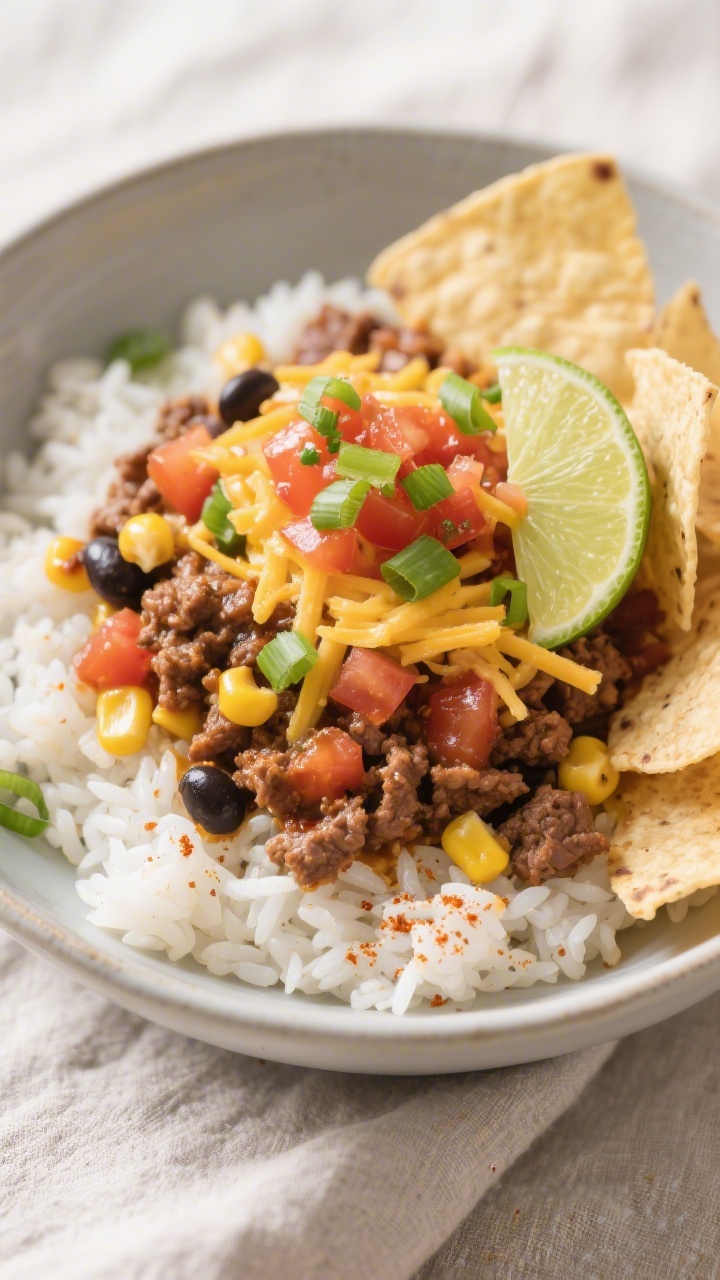 Final plated, top-down bowl: Tasty top-view shot of Taco Rice Bowls: fluffy white rice layered with 