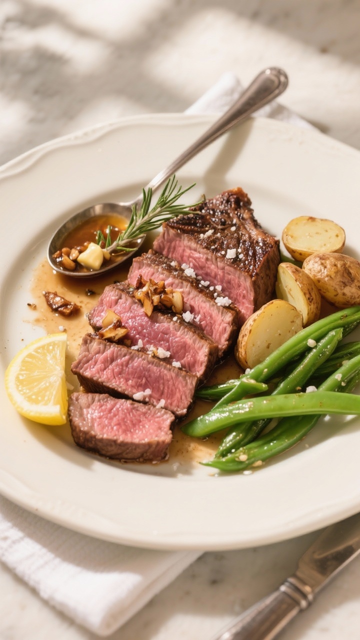Final plated, top view: Overhead shot of sliced medium-rare chuck eye steak fanned on a warm white c